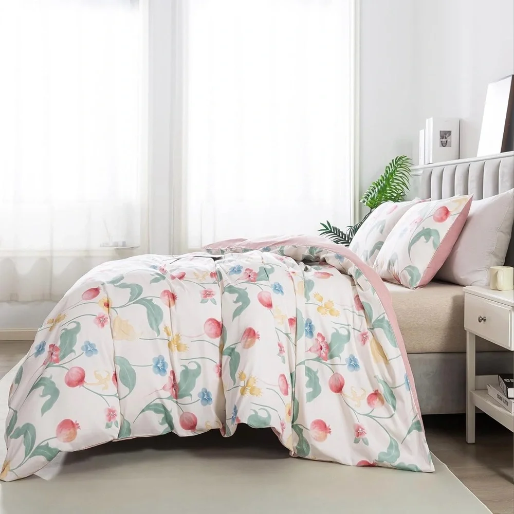 Floral Watercolor Cotton Duvet Cover Set in Pink and Green - Unbranded